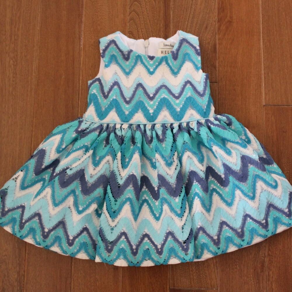 Neiman Marcus Helena Blue Chevron Lace Party‎ Dress 12M Sleeveless Zigzag Teal